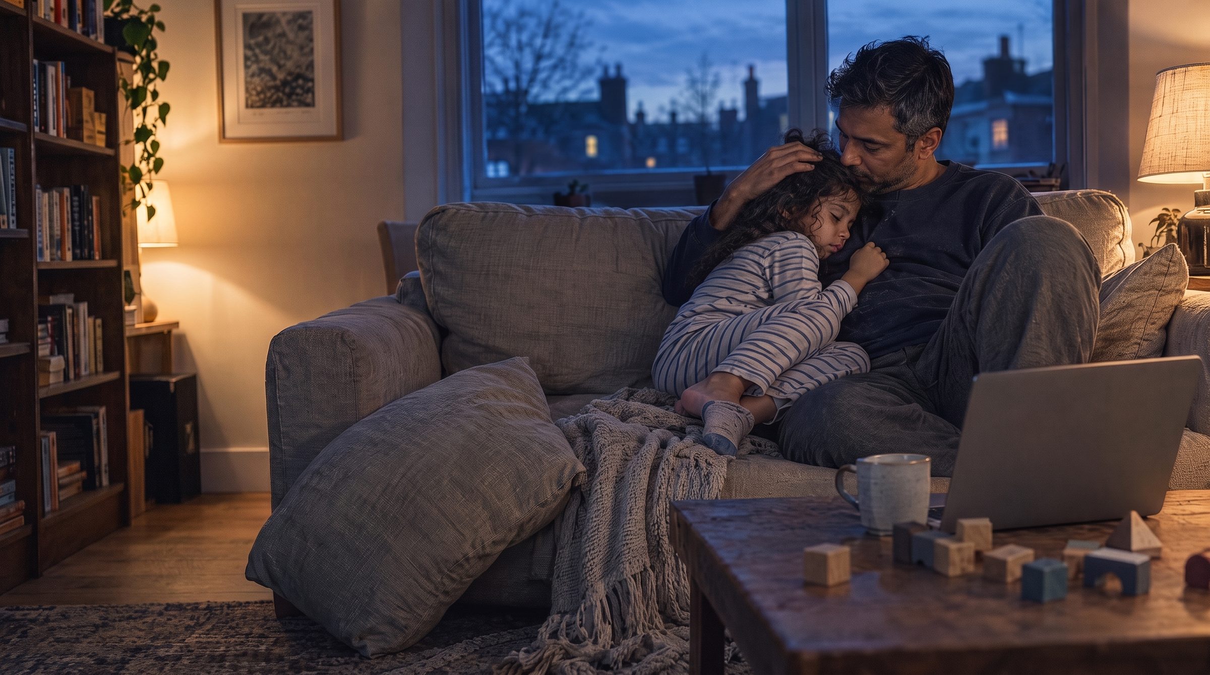 Parent and young child resting together on a sofa at dusk