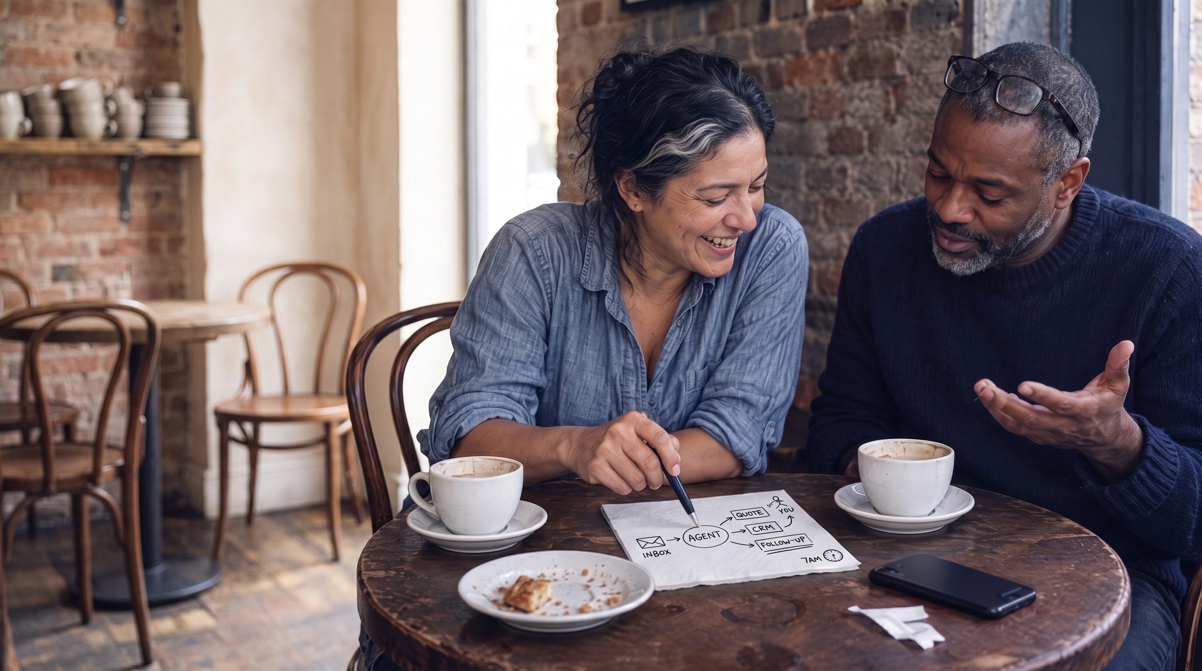Two people at a café table, one sketching boxes and arrows on a napkin