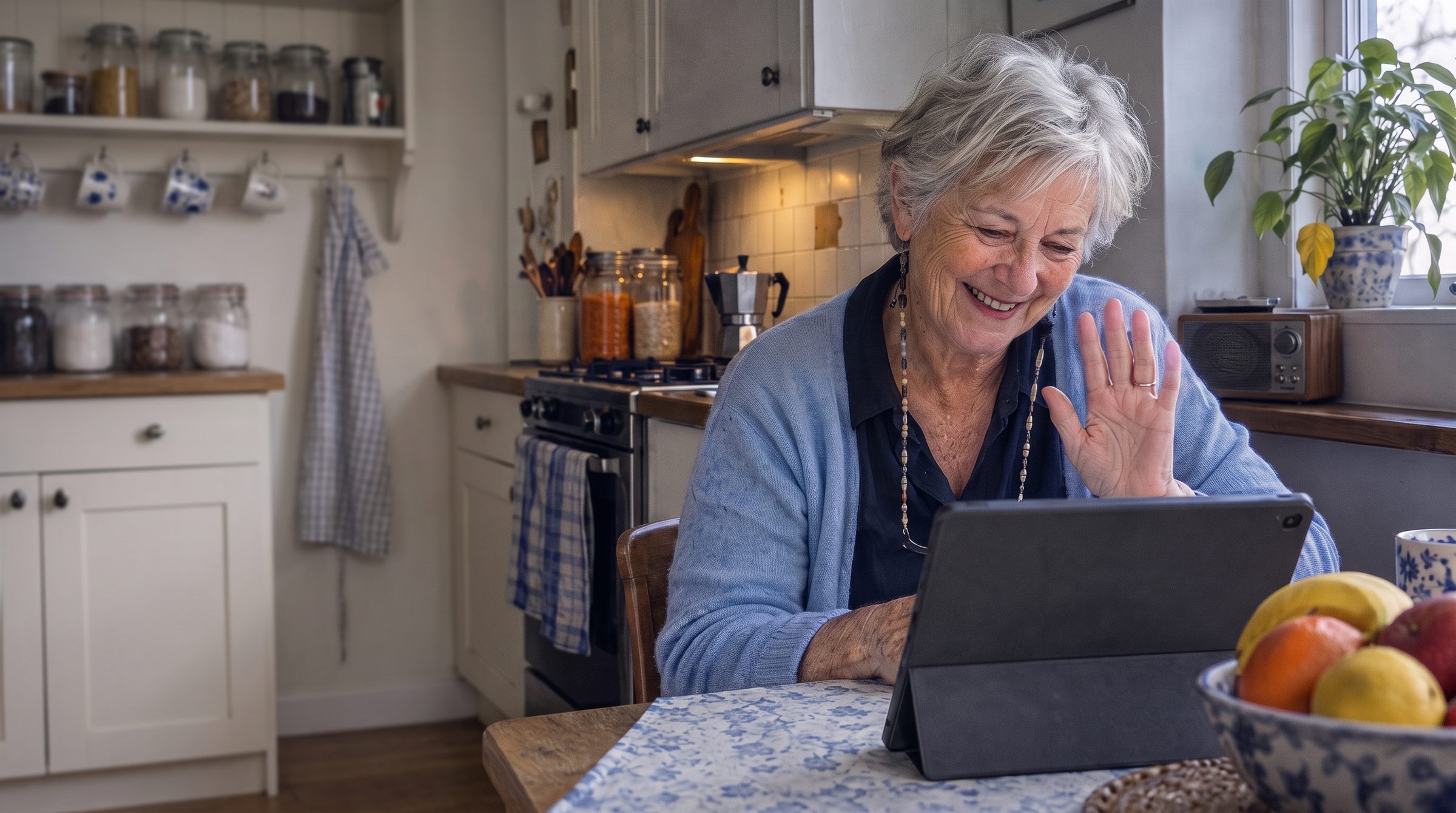 An older woman laughing on a video call in her kitchen
